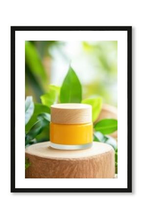 A vibrant yellow skincare jar sits on a wooden base surrounded by lush green leaves, ideal for promoting beauty products, natural cosmetics, or eco-friendly wellness brands,