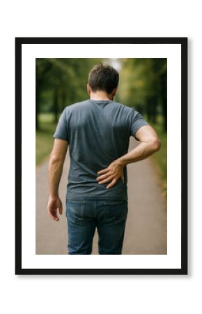 Young man seen from behind walking on park path while holding his lower back in discomfort