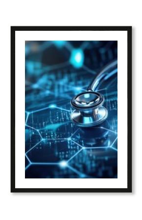 Stethoscope on futuristic digital interface showing healthcare technology and medical innovation concept close up