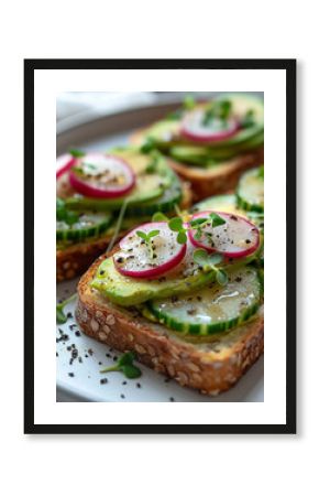 Fresh and vibrant appeal. Whole grain avocado toast topped with cucumber, radish, and microgreens. Perfect for healthy eating blogs, breakfast menus, and wellness branding.