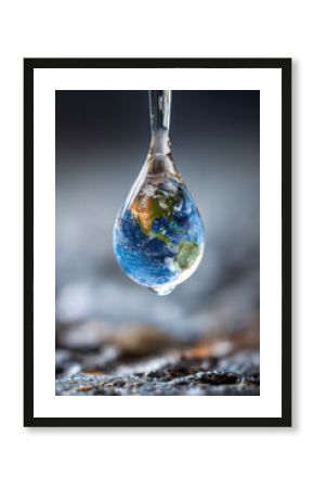 Droplet of water containing miniature universe symbolizing global water crisis, ecological balance, and conservation