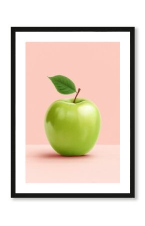 A vibrant green apple on a soft pink background, showcasing freshness and healthfulness in a minimalist style.