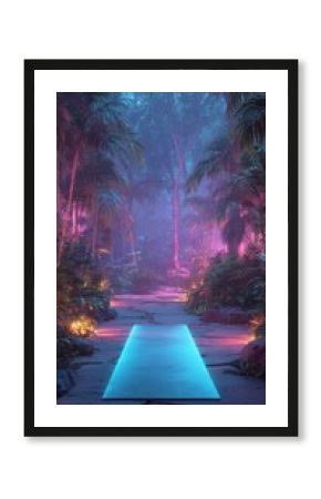 sunrise yoga forest retreat Serene Pathway in Enchanted Jungle with Neon Light Effects meditative forest yoga experience outdoor wellness yoga session