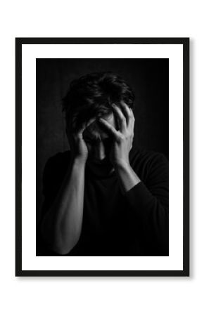 Man holding his head, experiencing pain and distress, representing mental health issues, a person suffering from a migraine headache or depression.