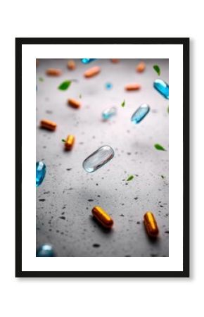Floating Capsules and Leaves on Grey Concrete Background