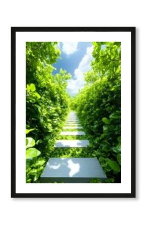 Stone path, lush green foliage, sunny sky, garden, escape