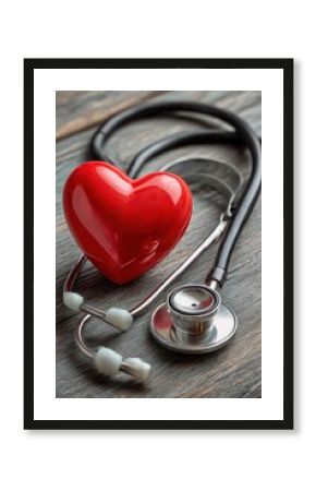 Red heart and stethoscope on wood