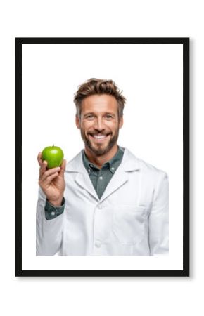 Health promotion event male scientist with green apple isolated on transparent background