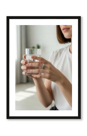Woman holding glass of water with smart ring for hydration tracking in bright modern room