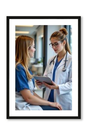 Female doctor consulting patient with medical tablet in modern clinic environment professional perspective