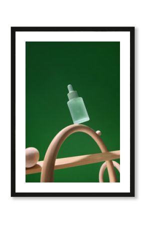 Minimalist Serum Bottle on Wooden Sculpture with Green Background