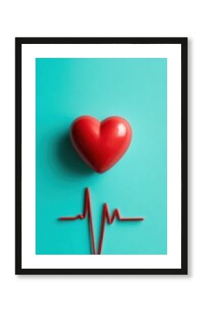 Heart Symbol with Red Color and Heartbeat Line on Bright Blue Background for Health and Love Themes