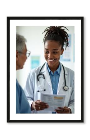 Doctor consults with patient discussing medical information on brochure. Healthcare pro wears white coat and stethoscope, offering advice and support for insurance or wellness services.