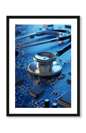 A close-up of a stethoscope on a circuit board, a diagnostic instrument blending medical health and computer technology