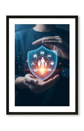 Hands protecting a shield of family and life icons