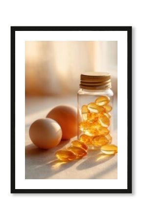 vitamin D bottle with softgel capsules beside whole and cracked eggs on a light beige background