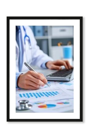 Doctor reviewing charts on laptop