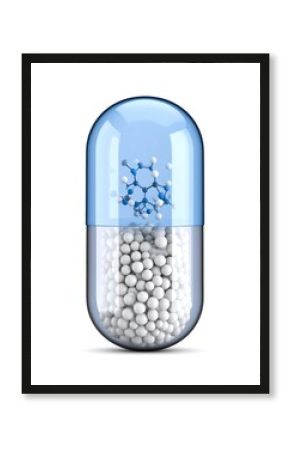 Transparent capsule filled with white spheres and a molecule model inside