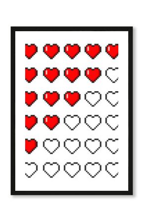 8-bit pixel art heart icons set. retro video game health bar and life gauge