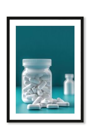 White Pills in Bottle on Teal Background