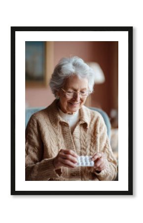 Senior woman with glasses examines medication. Ideal for healthcare, aging, and wellness themes. Shows independence, responsibility,  selfcare. Serene  warm.