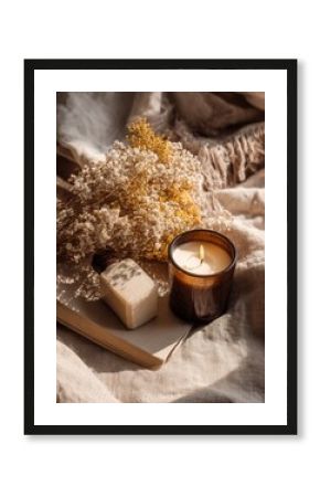 Editorial cozy seasonal still life glass candle holder casting soft bokeh over cozy textiles creating an inviting mood that conveys holiday wellness, lifestyle comfort, interi