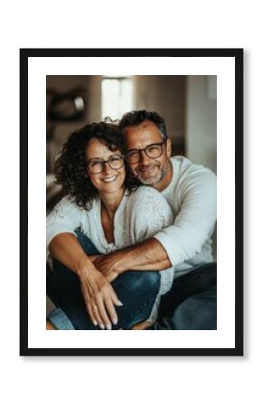happy adult couple embracing , sitting on the floor of their home