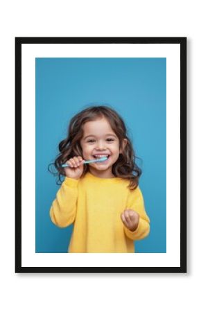 A young girl is brushing her teeth with a blue toothbrush. She is smiling and she is enjoying the activity