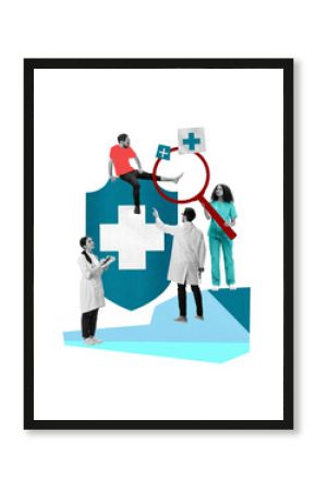 Team of medical professionals analyzing patient health data, ensuring comprehensive insurance coverage. Contemporary art collage. Concept of medicine, insurance, business, treatment