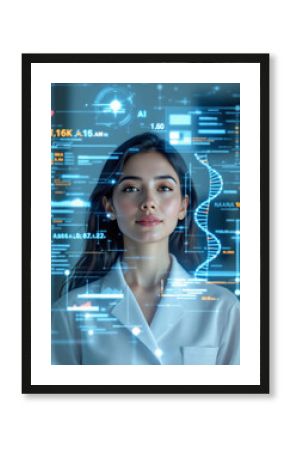 Health Science., woman scientist. AI-Assisted Genetic Correction at Birth: A Future Reality. Serene expression for hope and optimism for a future where genetic disorders can be corrected at birth.
