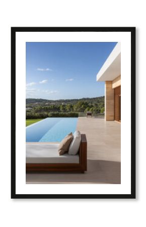 Elegant modern villa with infinity pool overlooking lush landscape on a sunny day