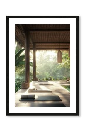 Open-air tropical yoga space with mats.