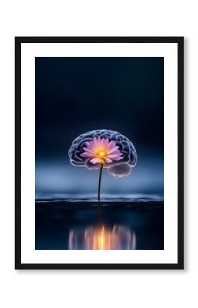 glowing brain with blooming flower inside. mental health well-being concept