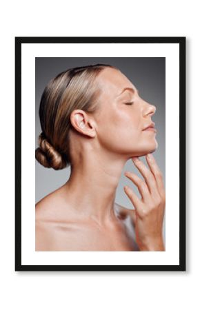 Profile, relax and skincare of mature woman in studio for glow, results and facial health on gray background. Face, calm and zen model with beauty cosmetics for confidence, anti aging and wellness