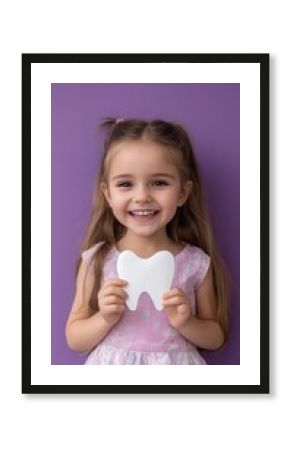 Cheerful Girl Holding a Tooth Cutout Against a Purple Background