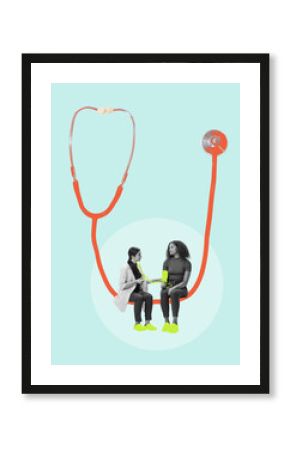 Contemporary art collage. Patient monitoring. Doctor checks patient's blood pressure, symbolizing routine and attentive care in healthcare. Concept of pharmacy, healthcare, check-up, medicine. Ad