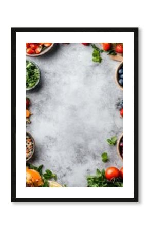 A vibrant arrangement of fresh fruits, vegetables, and herbs on a textured surface.