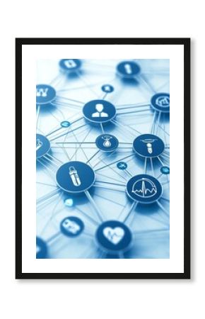A network of circular icons symbolizing healthcare, technology, and innovation interconnected by lines, showcasing the digital health landscape.