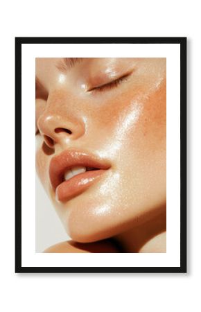 Close-up of a serene woman with eyes closed, highlighting her fresh, hydrated skin and luminous glow.