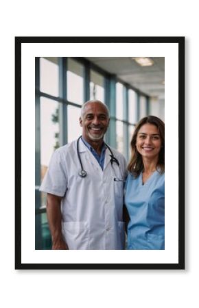 two doctors stand on a light background smiling at the camera in scrubs, one of them is African-American