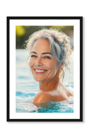 Beautiful senior woman relaxing in swimming pool, enjoying summer vacation
