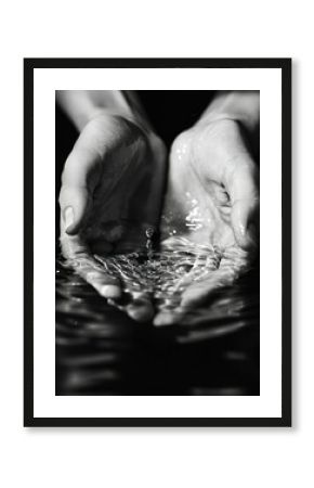 Hands cupping water while washing face, serene mood, reflections in the water, soft lighting