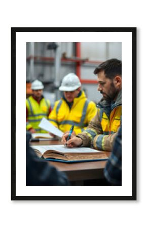 Occupational health and safety confined spaces permit book placing on the table with defocused supervisor writing job hazard analysis risk assessment with teammate prior starting isolated with white