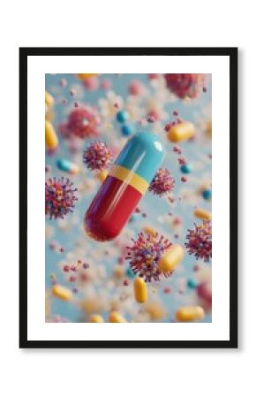 Colorful capsule suspended among vibrant microbes in a scientific representation of health