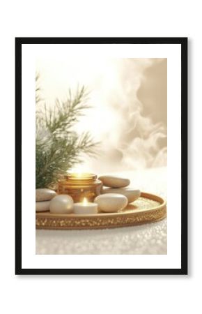 Relaxing aromatherapy with herbal oils and smooth stones spa setting wellness content serene environment close-up view tranquility concept