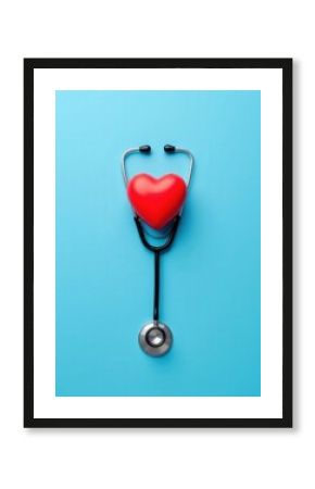 Red Heart and Stethoscope on Blue Background 