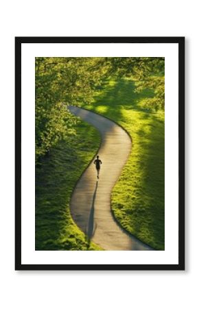 A solitary runner traverses a winding path surrounded by vibrant greenery in a tranquil park during the early hours of the day. Generative AI