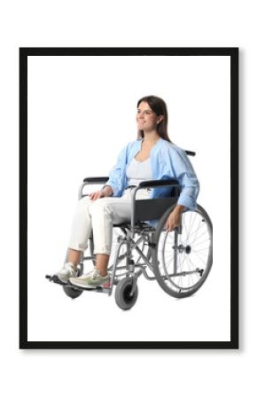 Smiling woman in wheelchair on white background