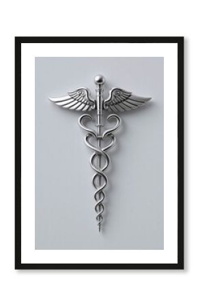 Silver caduceus symbol with intertwined snakes and wings on a white background.