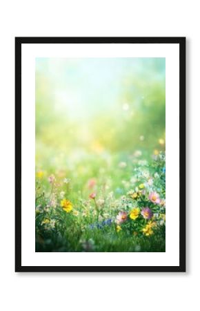 Soft focus spring meadow with colorful wildflowers under gentle sunlight